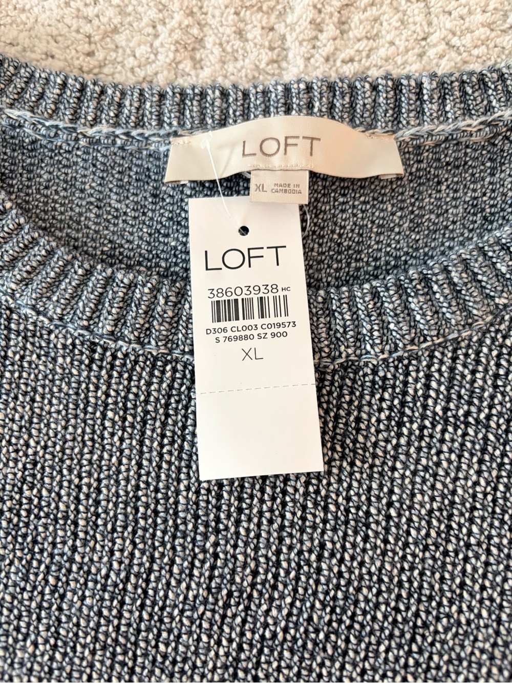 NWT Loft 100% Cotton Marled Blue Gray Crewneck Sweater Size XL - Picture 3 of 4